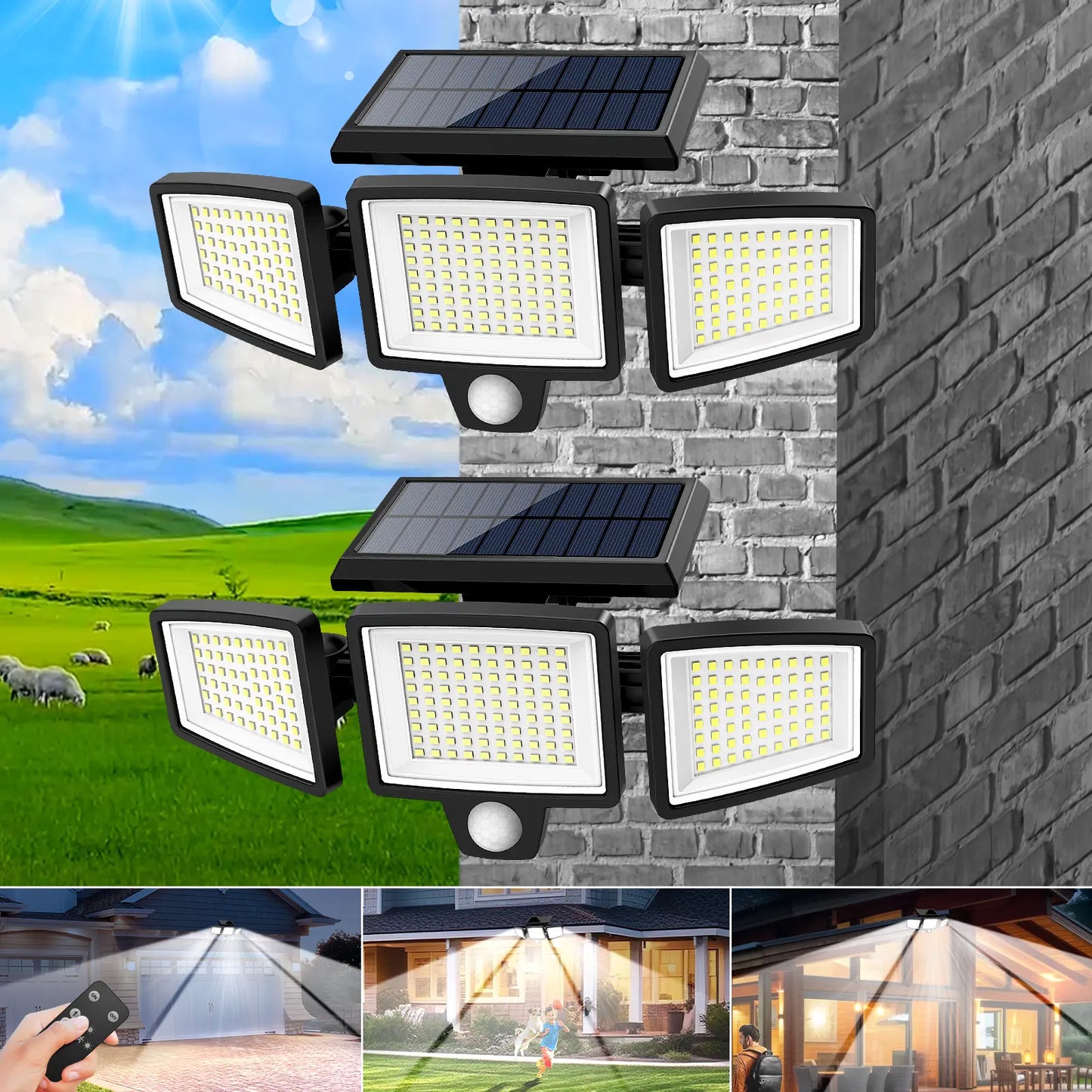Solar Security Lights with 210 LED & 2500LM Brightness | 3 Head Waterproof Motion Sensor Lights for Yard Garage Patio