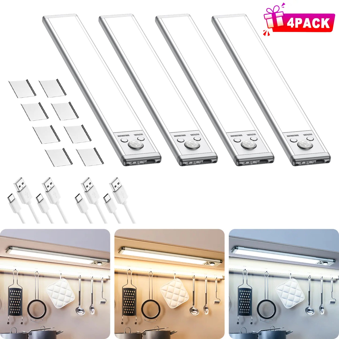 Motion Sensor Under Cabinet Lights | USB Rechargeable Dimmable LED Lights for Kitchen Closet Stairs & Garage