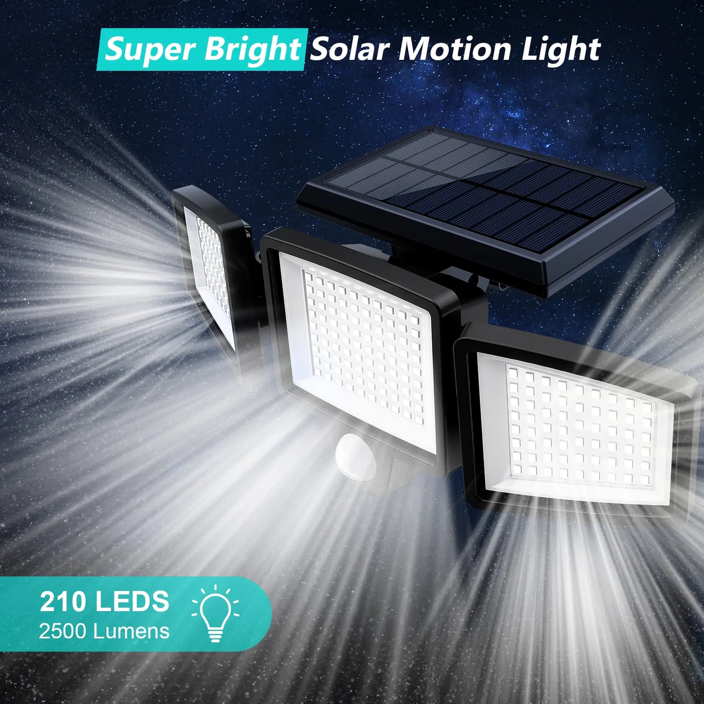Solar Security Lights with 210 LED & 2500LM Brightness | 3 Head Waterproof Motion Sensor Lights for Yard Garage Patio