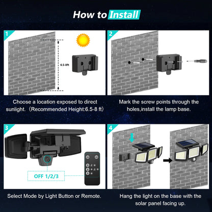 Solar Security Lights with 210 LED & 2500LM Brightness | 3 Head Waterproof Motion Sensor Lights for Yard Garage Patio